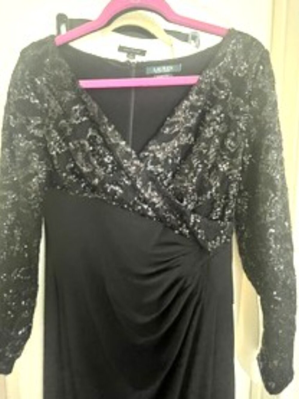 Lauren Ralph Lauren Black V-Neck Evening Gown Long Sleeve